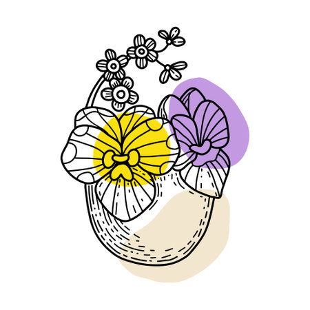 Easter egg with pansy flowers, hand drawn doodle. Trendy Easter design.のイラスト素材