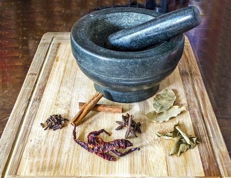 Herbs with Black Mortar and Pestleの写真素材