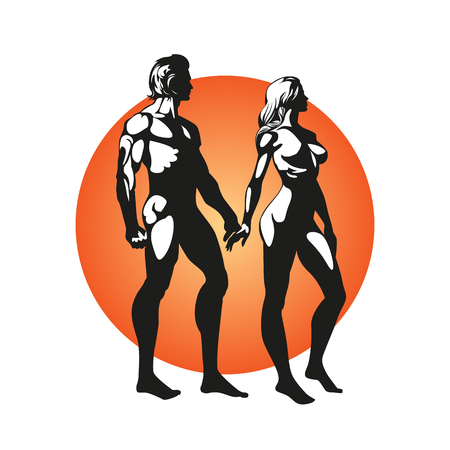 Romantic concept. Athletes man and woman stand and hold hands. Look into the distance. Beautiful strong bodies. Boris Vallejoのイラスト素材