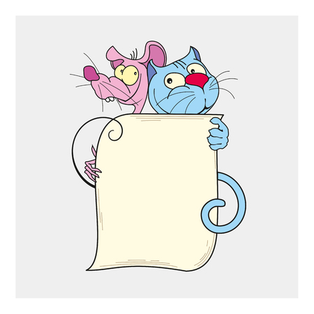 cute cat and mouse best friends. nice cat and sly mouse hold a poster card banner and smile. vector illustrationのイラスト素材