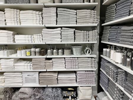 Home Decorations In Decorations Store. Modern textile shop for towels and interior decor.のeditorial素材