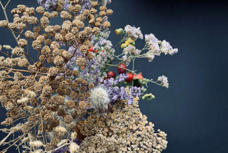 Beautiful autumn bouquet composition of dried meadow flowers with leaves, floral on black background. Floristic art decoration closeup, top view with copy space.の写真素材