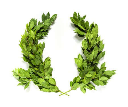 Laurel wreath made of dried branches and leaves isolated on a white backgroundの写真素材