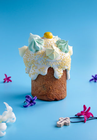 Traditional Easter cakes and Hyacinthus flowers on pink background with copy space for text. Traditional Kulich, Paska Easter Bread. Postcard.の写真素材