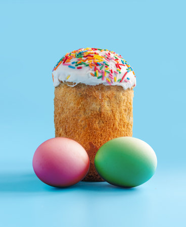 Traditional Easter cakes on blue background a symbol of abundance. Traditional Kulich, Paska Easter...