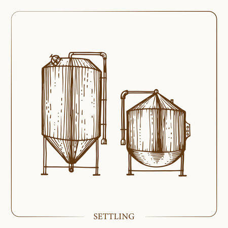 Quality stainless Settling Tanks. Equipment for the production of cider. Vintage sketch. Hand drawn design. Vector illustration.のイラスト素材