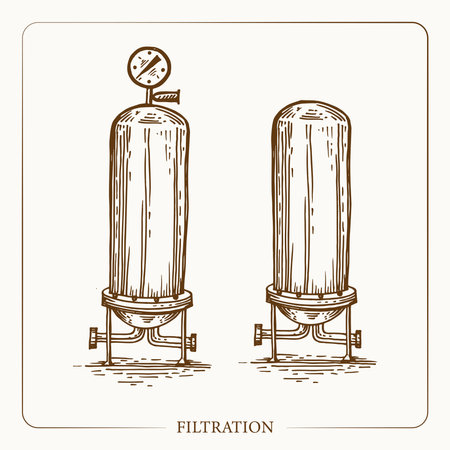 Metal container for Filtration infuse apples pressure and temperature sensor. Vintage sketch garden background. Hand drawn design. Vector illustration.のイラスト素材