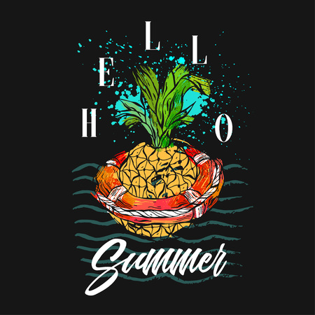 Hand drawn vector abstract tropical illustration with pineapple in red lifebuoy on sea waves,freehand textures and modern calligraphy summer time quote Hello Summer isolated on black backgroundのイラスト素材