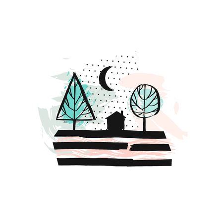 Hand drawn vector abstract scandinavian graphic illustration with house,trees and moon night in pastel colors.Desoration design elements.Nordic nature landscape conceptのイラスト素材