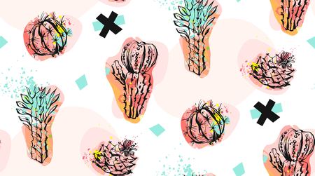 Hand drawn abstract pattern collage with cacti plants illustrations, crosses and succulents.のイラスト素材