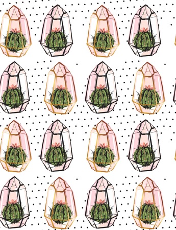 Hand drawn vector abstract seamless pattern with golden terrarium,polka dots texture and cacti plants in pastel colors isolated on white bakground.Design for decoration,fashion,fabric,wrapping paperのイラスト素材
