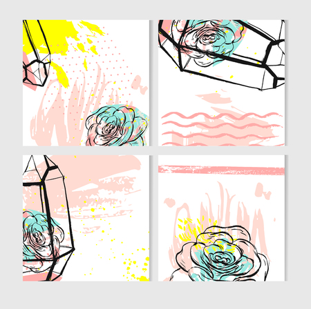 Hand drawn vector abstract save the Date greeting card collection set templates with succulent plant in terrarium and freehand texture in pastel colors.Design for wedding,journaling,scrapbooking.のイラスト素材