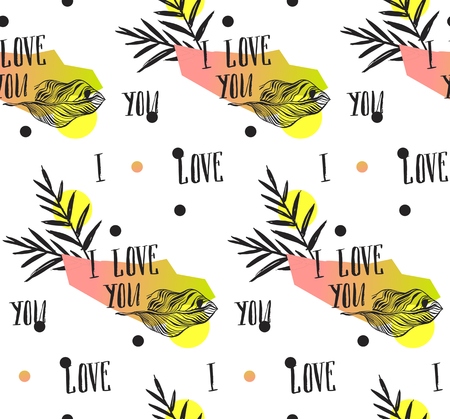 Hand made abstract summer exotic jungle plant tropical palm seamless pattern isolated on white background. Valentines day cover pattern with modern calligraphy phase I love you.Polka dot textureのイラスト素材