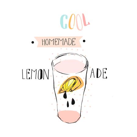 Hand drawn vector abstract creative funny lemonade illustration with glass beaker,lemon slise,drops and handwritten ink modern calligraphy quote Cool Homemade lemonade isolated on white.Menu,signのイラスト素材