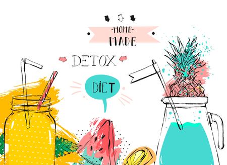 Hand drawn vector abstract fruit detox background with glass jar,watermelon,lemonade,mint leaves,pineapple,freehand textures and handwritten modern calligraphy phase Home made detox diet isolatedのイラスト素材