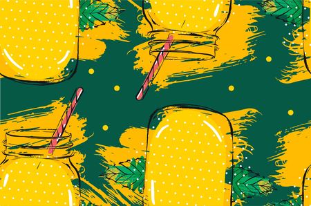 Hand drawn vector abstract creative detox water lemonade seamless pattern with glass jar,mint leaves and freehand textures isolated on deep green background.Menu,wrapping,diet concept lemonade bottle.のイラスト素材