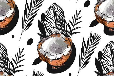 Hand drawn vector abstract unusual seamless pattern with exotic tropical fruit coconut ant palm leaves isolated on white background.のイラスト素材