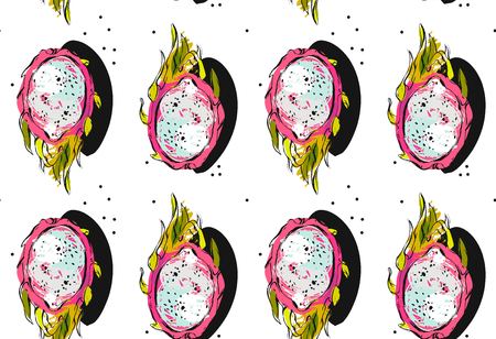 Hand drawn vector abstract unusual seamless pattern with exotic tropical dragon fruit or pitaya isolated on white background.のイラスト素材