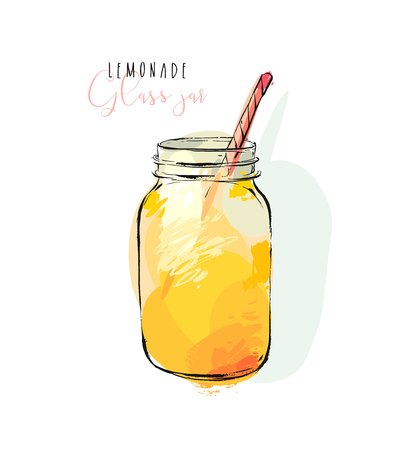 Hand drawn vector abstract artistic cooking illustration of tropical lemonade shake drink in glass jar isolated on white background.Diet detox concept.のイラスト素材