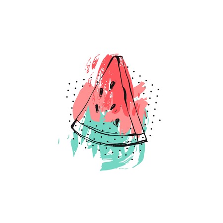 Hand drawn vector abstract creative unusual summer time funny illustration with watermelon slice and freehand textures isolated on white background.Wedding,save the date,journaling,tshirt print art.のイラスト素材
