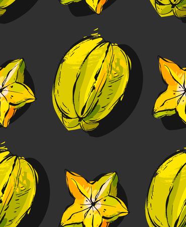 Hand drawn vector abstract unusual seamless pattern with exotic tropical fruit carambola isolated black backgroundのイラスト素材