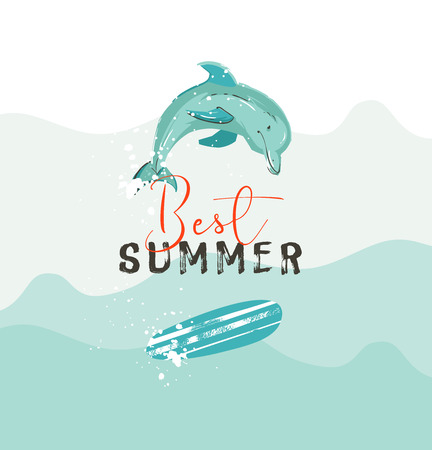 Hand drawn vector abstract summer time illustration poster with blue ocean waves,dolphin,surfboard and modern calligraphy quote best summerのイラスト素材