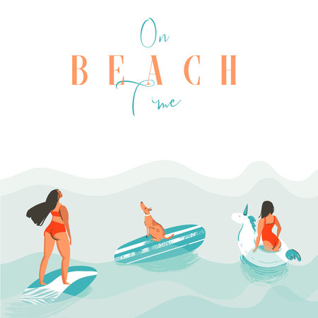 Hand drawn vector abstract exotic summer time funny illustration with surfer girls, unicorn float,surfboard and dog on blue ocean waves with modern calligraphy On beach timeのイラスト素材
