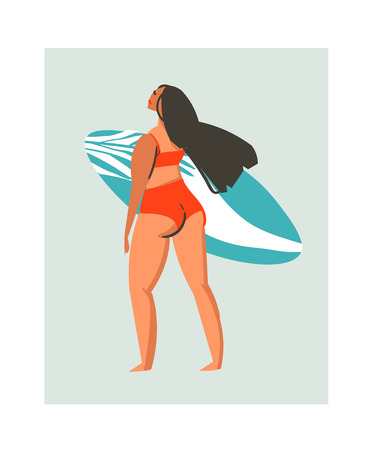 Hand drawn vector abstract cute summer time beach surfer girl illustration with red swimwear and surfboard isolated on blue backgroundのイラスト素材