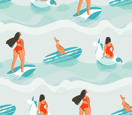 Hand drawn vector abstract fun summer time fabric seamless pattern with surfer girls,swimming unicorn circle.のイラスト素材