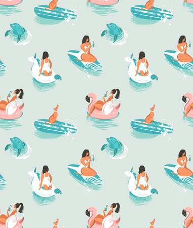Hand drawn vector cartoon summer time seamless pattern with girls,pool floats, dog, dolphin an surfboard isolated on blue waves backgroundのイラスト素材