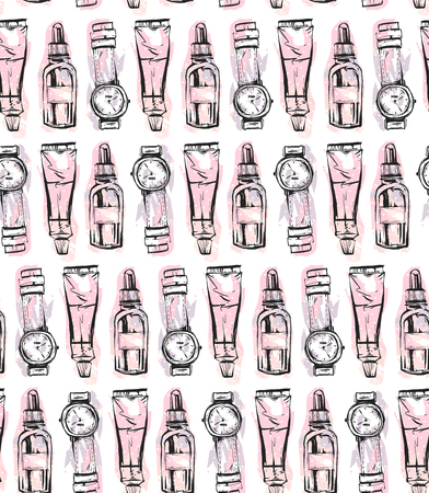 Vector hand drawn graphic fashion sketch flat shoes, couple lipstick, vintage glasses, flowers bag. Trend graphic contrasty glamour fashion seamless pattern in vogue style. Isolated elementsのイラスト素材