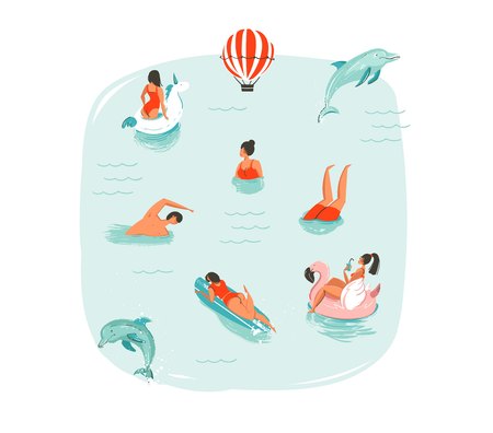 Hand drawn vector abstract summer time fun illustration with swimming happy people with jumping dolphins,hot air balloon,unicorn and pink flamingo buoys floats on blue water background isolated.のイラスト素材
