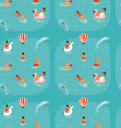 Hand drawn vector abstract summer time fun seamless pattern with swimming happy people in sea water with jumping dolphins isolated on blue backgroundのイラスト素材