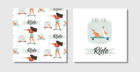 Hand drawn vector abstract cartoon summer time fun cards set collection with young girl on skateboard and dogsのイラスト素材