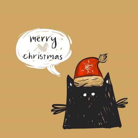 Hand drawn vector abstract Merry Christmas greeting card template with cute black cat in red Santa Claus hat haracter with speech bubble and modern calligraphy phase Merry Christmas.Happy New Year.のイラスト素材