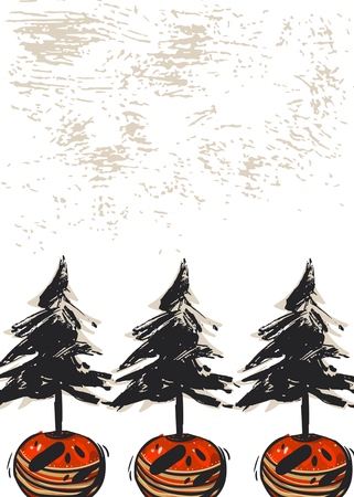 Hand drawn vector abstract textured Christmas card wiht Christmas trees in pots isolated on white background.Design for greeting card,save tha date,journaling,postcard,tag,poster,flayer,note page.のイラスト素材