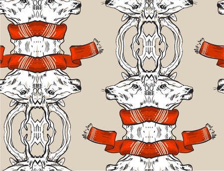 Hand drawn vector abstract vintage mirror Christmas seamless pattern with graphic reindeers in red scarf isolated on pastel background.Winter holidays pattern concept.Christmas fashion pattern.のイラスト素材