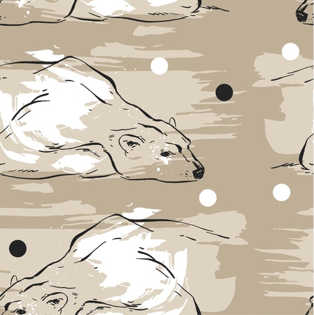 Hand drawn vector abstract Merry Christmas seamless pattern with North Pole white polar bears which lies on the snow isolated on pastel background.Pattern for fabric and wrapping paper.Journaling.のイラスト素材