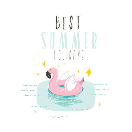 Hand drawn vector abstract summer time fun illustration with pink flamingo buoy ring in pastel colors and modern typography quote Best Summer Holidays isolated on white backgroundのイラスト素材