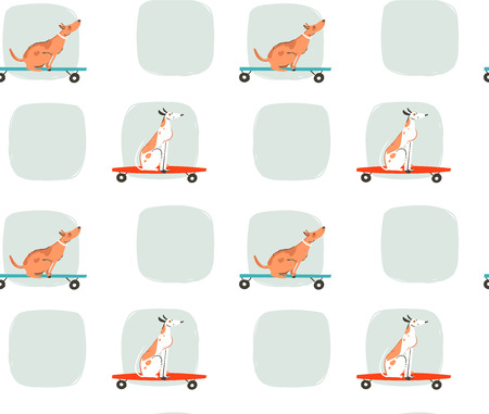 Hand drawn vector cartoon drawing summer time fun seamless pattern illustration with riding dogs on skateboards and long boards isolated on white background.のイラスト素材