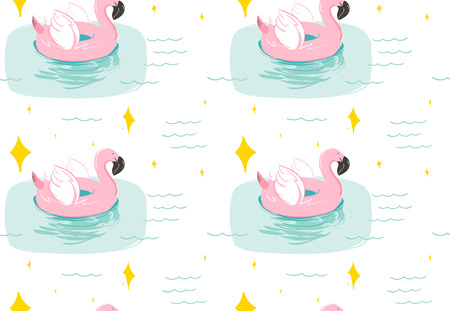 Hand drawn vector abstract summer time fun seamless pattern with pink flamingo float swimming pool buoy circle and sparkles isolated on blue water background.のイラスト素材