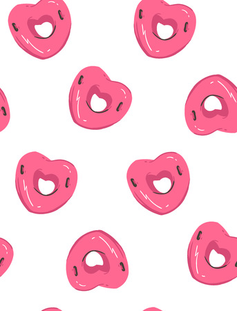 Hand drawn vector abstract summer time fun seamless pattern with pink heart shape swimming pool buoy float ring isolated on white background.のイラスト素材
