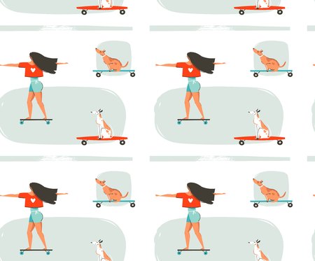 Hand drawn vector cartoon drawing summer time fun seamless pattern illustration with young girl riding on longboard and dogs on skateboards isolated on white background.のイラスト素材