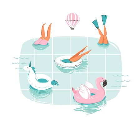Hand drawn vector abstract cartoon summer time fun cartoon illustration with swimming people in swimming pool with hot air balloons isolated on white backgroundのイラスト素材