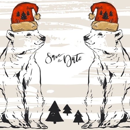 Merry Christmas greeting card set with cute polar bear, santa elf and snowman retro designs. Includes holiday themed seamless patterns. EPS10 vector.のイラスト素材