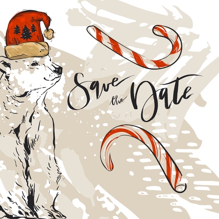 Hand drawn vector graphic Merry Christmas save the date greeting decoration card with candy canes and north polar bear isolated on pastel background.Journaling,Birthday,wedding concept.のイラスト素材