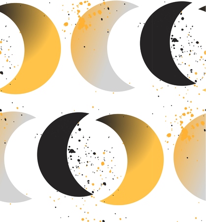 Moon phases. Crescent growth. Abstract seamless vector pattern. 1950s style, geometric motif, hand drawn dotted elements, wavy background. Golden, blue, black.のイラスト素材