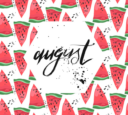 Vector illustration card with handwritten textured word august on sliced watermelons patternのイラスト素材