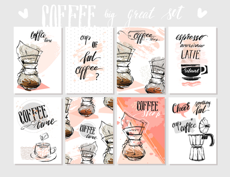Vector set of modern posters with coffee backgrounds. Trendy hipster templates for flyers, banners, invitations, restaurant or cafe menu design.のイラスト素材