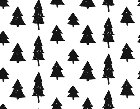 Seamless Christmas pattern with snowflakes and Christmas trees in gold and black on white background.のイラスト素材
